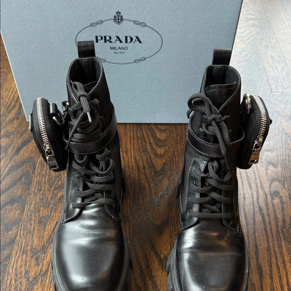 Prada Black Leather Lug-Sole Combat Boots with Detachable Mini Pouch - Picture 10 of 16